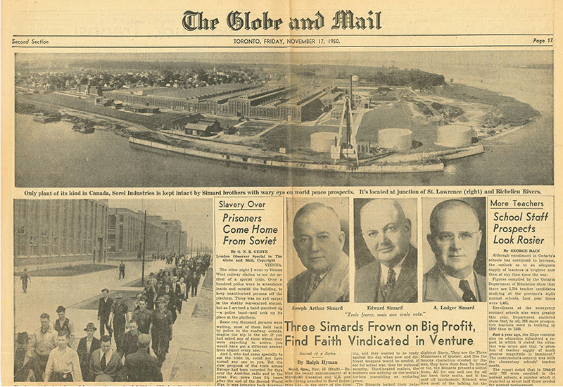 Article de journal montrant des photos de Sorel Industries, des travailleurs et des trois frères Simard.